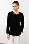 Women's Crew Neck Tulle Striped Combed Cotton Blouse Black