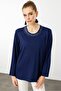 Women's Crew Neck Tulle Striped Combed Cotton Blouse Navy Blue