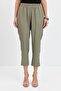 Women's Elastic Waist Carrot Cut Linen Look Trousers with Side Pockets Khaki - 3