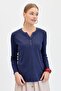 Women's Shoulder and Collar Needle Embroidered Cotton Blouse Dark Blue - 5