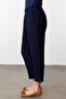 Women's Elastic Waist Carrot Cut Linen Look Trousers with Side Pockets Navy Blue - 3