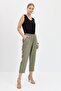 Women's Elastic Waist Carrot Cut Linen Look Trousers with Side Pockets Khaki - 6