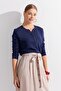 Women's Shoulder and Collar Needle Embroidered Cotton Blouse Dark Blue