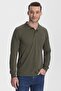 Men's Khaki Cotton Khaki Long Sleeve Polo Neck T-Shirt - 2