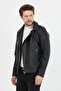 Men's Black New Season Cross Zipper Leather Jacket - 5