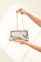 Women's Platinum Patterned Evening Dress Stone Detailed Accessory Portfolio Clutch Evening Bag - 2