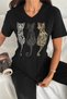 Women's Black V-Neck Large Size Cat Sequin Sequin Embroidered 100% Cotton T-Shirt