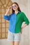 Women's Muslin 100% Cotton Casual Color Block Two Color Long Sleeve Blue Green Shirt 700-3458275 - 3