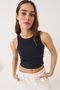 Women's Navy Blue Ribbed Halter Neck Camisole Basic Crop Top Undershirt 60602045 - 3
