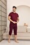 Men's Burgundy Crew Neck 3 Button Plaid Pattern Modal Short Sleeve Pocket Capri Pajama Set - 5