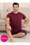 Men's Burgundy Crew Neck 3 Button Plaid Pattern Modal Short Sleeve Pocket Capri Pajama Set