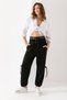 Women's Black Belted Leather Detailed Cuffed Leg Loose Cut Trousers - 7
