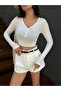 Women's Ecru Open Collar Snap Detailed Long Sleeve Crop Ribbed Knitted Blouse 29128 - 3
