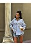 Women's Blue Lace Detailed Oversize Striped Shirt 29073 - 3