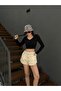 Women's Black Open Collar Snap Detailed Long Sleeve Crop Ribbed Knitted Blouse 29128
