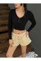 Women's Black Open Collar Snap Detailed Long Sleeve Crop Ribbed Knitted Blouse 29128 - 3