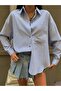 Women's Blue Lace Detailed Oversize Striped Shirt 29073 - 2