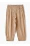Girls' Pleated Beige Pants with Button Detail