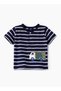 Boys' Navy Blue Striped Truck Print Cotton T-Shirt