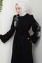 Pearl-Embellished Floral Motif Belted Ferace Black HM2720 - 4