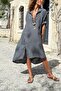 Italian Anthracite Button Collar 3/4 Sleeve Slit Epaulet Soft Textured Loose Woven Dress 125 68 - 3