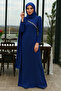 Shoulder Stone Detailed Belted Crew Neck Hijab Evening Dress Cobalt Blue 0801026