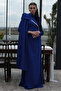 Shoulder Stone Detailed Belted Crew Neck Hijab Evening Dress Cobalt Blue 0801026 - 3