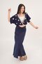 Seashell Embroidered Blouse and Gather Detail Slit Skirt Navy Blue Double Set