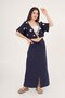 Seashell Embroidered Blouse and Gather Detail Slit Skirt Navy Blue Double Set - 7