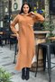 Tan Double-Soft Stamp Long Dress with Double-Sided Hood and Slit Detail - 4