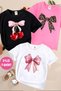 3-Pack Black-White-Pink Girls' T-Shirts Printed with Ribbon and Bow