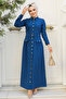 Striped Indigo Blue Hijab Dress 23051IM - 3