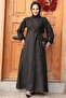 Black Hijab Dress - Floral Pattern, Model 30441S - 3