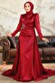 Tailored Burgundy Satin Hijab Evening Dress 22881Br - 3