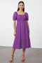 Purple Straight Hem Elastic Waist Opening Midi Woven Dress Twoss22El1768