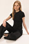 Siyah Taşlı Asimetrik Fitted/Vücuda Oturan Örme T-shirt TWOSS25BZ00277 - 2