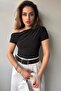 Women's Sandy Fabric Draped Short Sleeve Crop Black Blouse 13433 - 3