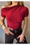 Women's Sandy Fabric Draped Short Sleeve Crop Burgundy Blouse 13433