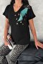Women's Black V-Neck Shoulder Leaf Sequin Sequin Embroidered 100% Cotton T-Shirt - 3