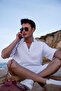 White Color V-Neck Shirt Shorts Men's Washed Linen Set - 5