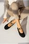 Women's Black Daily Ballerina Strappy Adjustable Buckle Tweed Fabric Lightweight Comfortable Shoes - 2