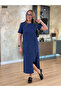 Women's Short Sleeve Crew Neck Pocket Front Slit Viscose Two Thread Midi Dress - 4