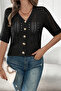 Short Sleeve Openwork Summer Buttoned V-Neck Knitted Cardigan Black - 3