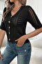 Short Sleeve Openwork Summer Buttoned V-Neck Knitted Cardigan Black - 5