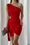 Red Asymmetrical Cut Skirt Tied Crepe Fabric Dress - 2