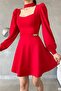 Red Chain Detail Window Collar Imported Crepe Fabric Long Sleeve Dress - 3