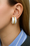 Pearl Color Enamel Convex Earrings with Gold Detail, Vintage Hoop Earrings