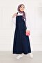Hijab-Friendly Denim Salopet Dress with Front Pocket, Navy Blue