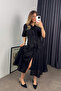 Black Short Sleeve Lined Belted Pocket Scallop Shirt Dress