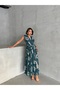 Women's Green Flounce Sleeve Double Breasted Collar Woven Dress - 5